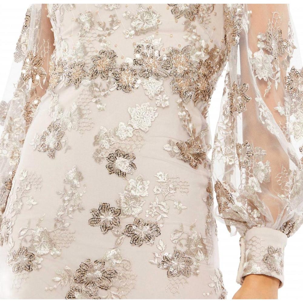 NEW MAC DUGGAL embellished high neck illusion long sleeve midi dress in mocha - Picture 4 of 6